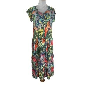 Vintage 90s Bila Koi Fish Floral Rayon Bohemian  Midi Dress S